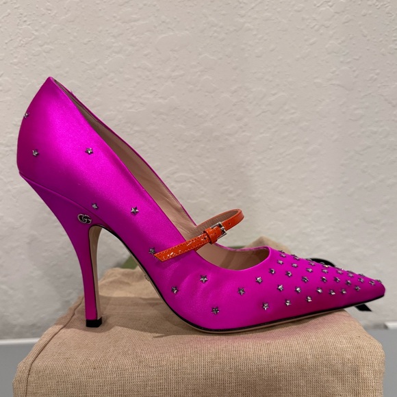 Gucci Jodie Crystal Stars Embellished Satin Pumps Fuchsia Size 41 NIB - Picture 7 of 14